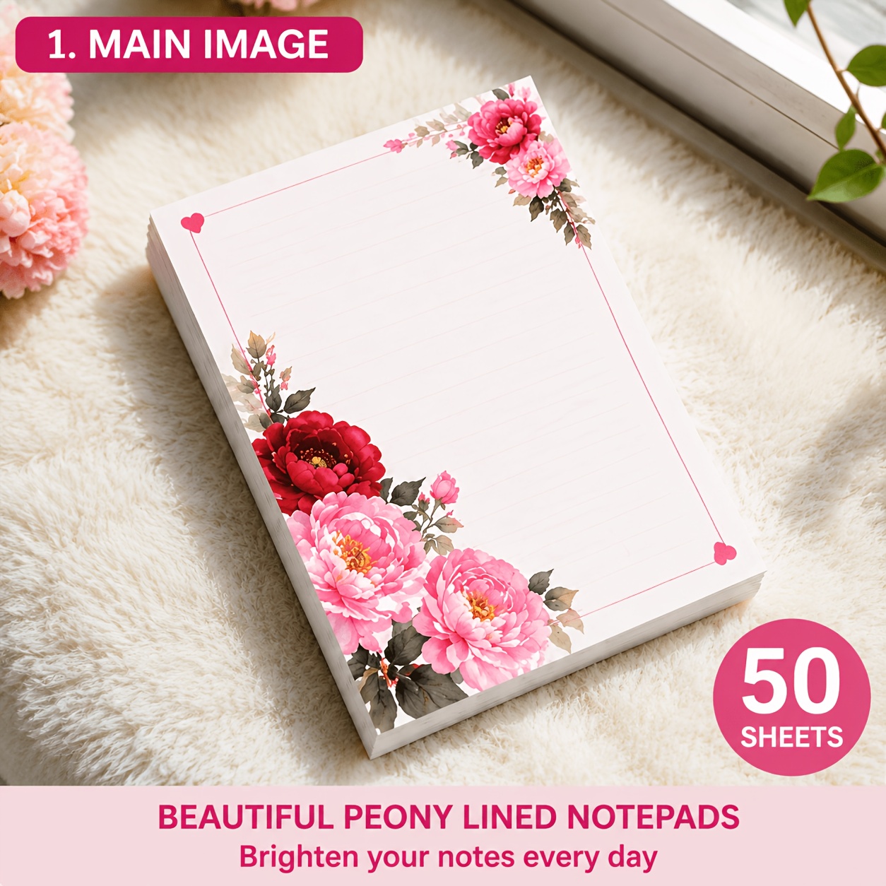 TEMU Pink Floral Notepad, Cute Lined Memo Pad With 50 Sheets, Daily For Girls, School And Office Supplies