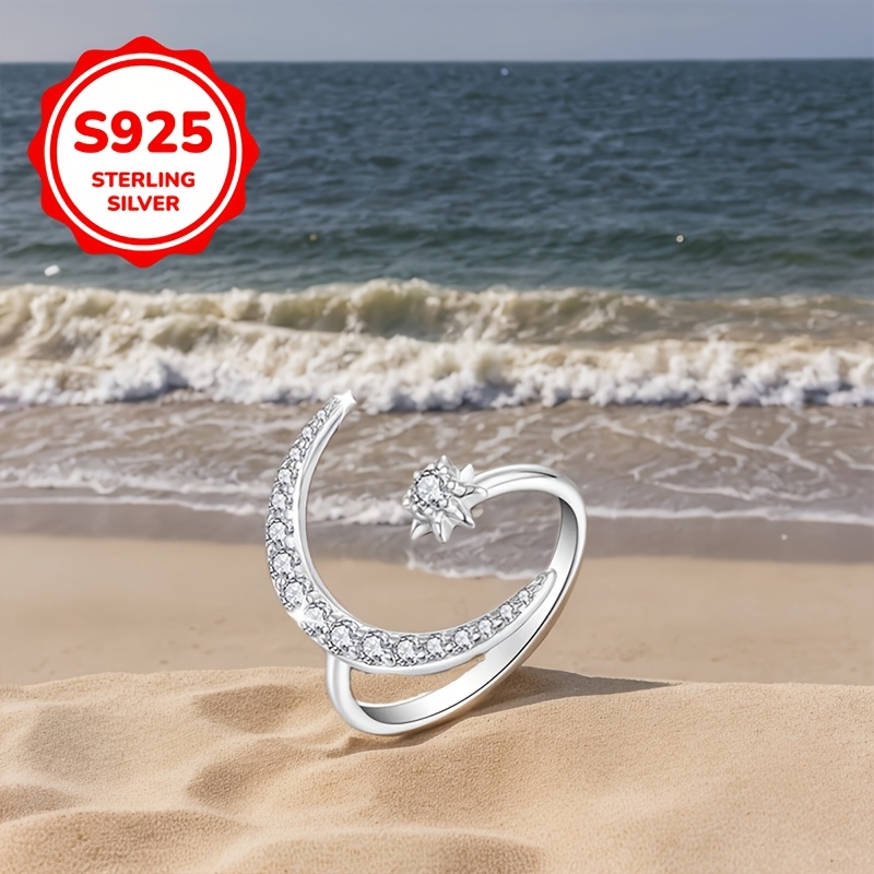 Moon & Stars CZ Open Toe Ring Set S925 Silver