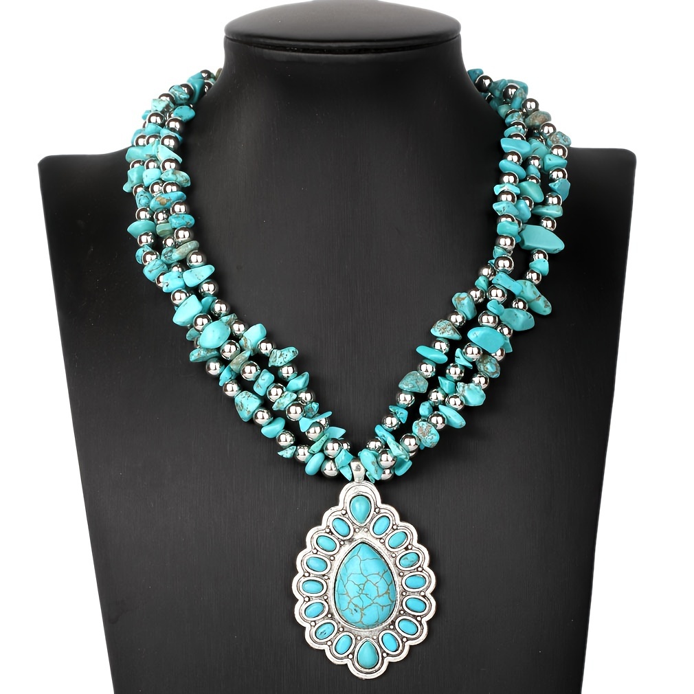 

Boho Vintage Turquoise Necklace Natural Crushed Stone Necklace For Female Banquet Accessories