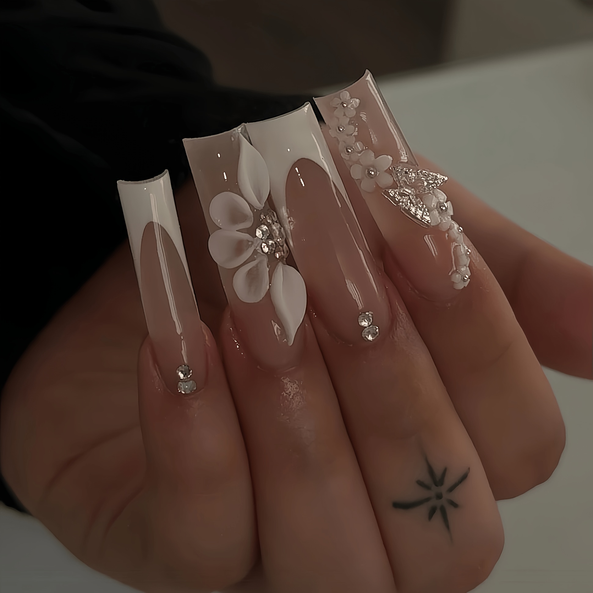 TEMU A Set Of 24 Long Square Press-on False Nails In French Style, Featuring 3d Butterflies, Sweet Flowers, And Sparkling Rhinestones. Suitable For