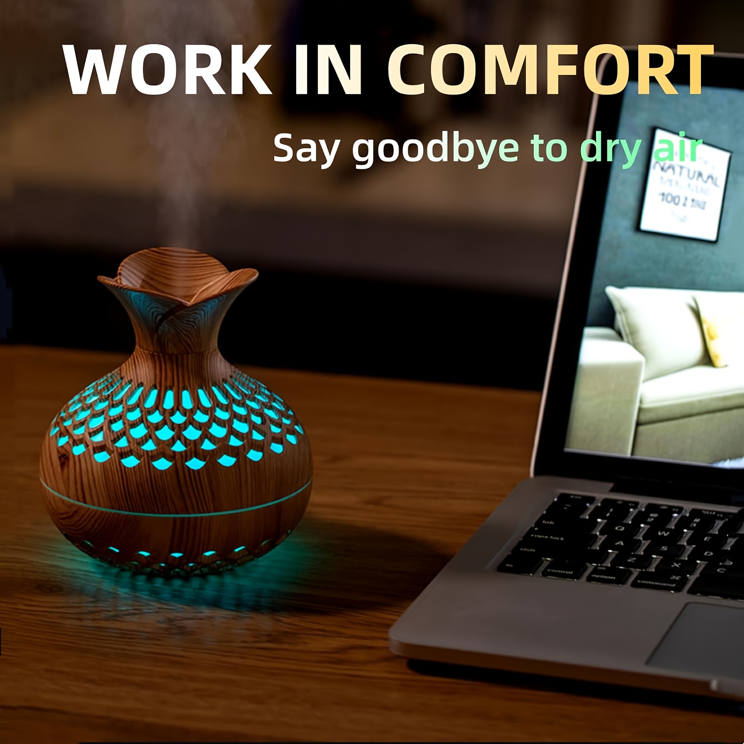 wood grain ultrasonic humidifier 10   usb powered single room humidifier with dual mist   essential aroma diffuser for multiple room types abs plastic ideal christmas gift details 5