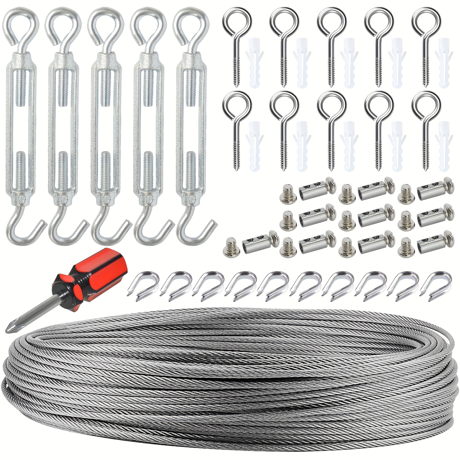 Image of 1 Set Of Steel Wire Cable Kit, Steel Wire Clothesline, Steel Wire Rope Adjuster, 7x7 Strands Of Steel Wire, Perfect For Climbing Plants And Shade Sail Hanging