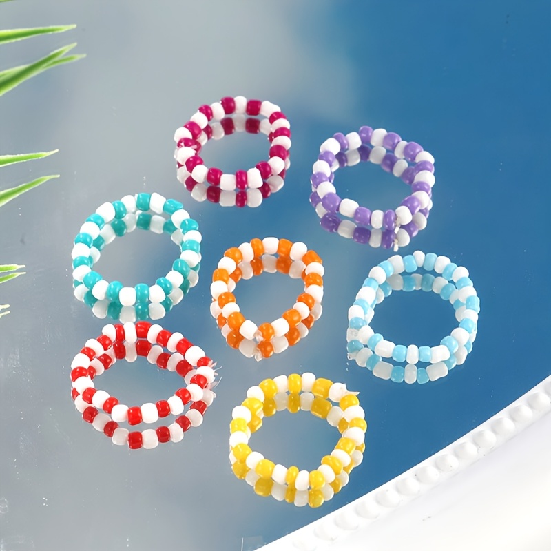 7pcs Cute Woven Candy-Colored Seed Bead Ring Set for Women