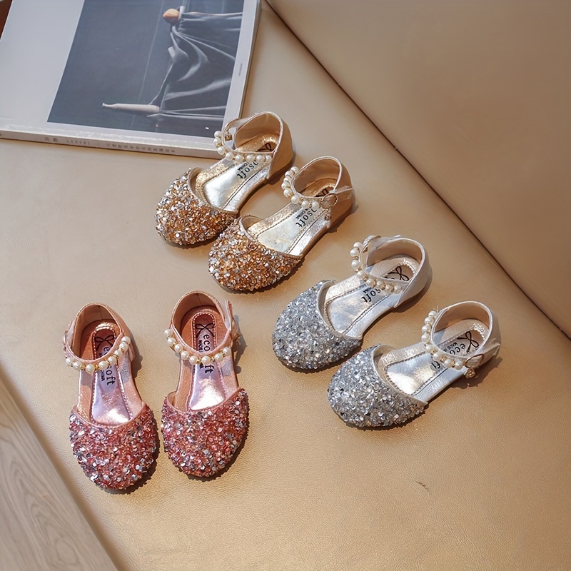 

Trendy Cute Sequin Pearl Decor Sandals For Baby Girls, Breathable Lightweight Dress Shoes For Holiday Party