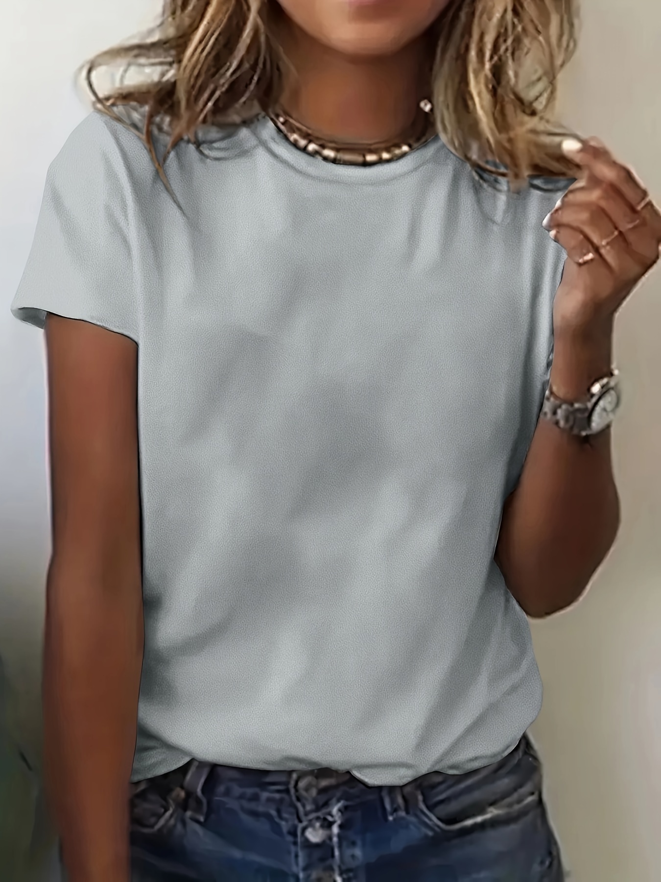 Women's Elegant Casual Short Sleeve T-Shirt - Round Neck Solid Black Top, Medium Stretch Machine-Washable Fabric, Versatile All-Season Wear for Everyday & Formal Outfits, Versatile Clothing, Sophisticated Style, Comfortable Fit