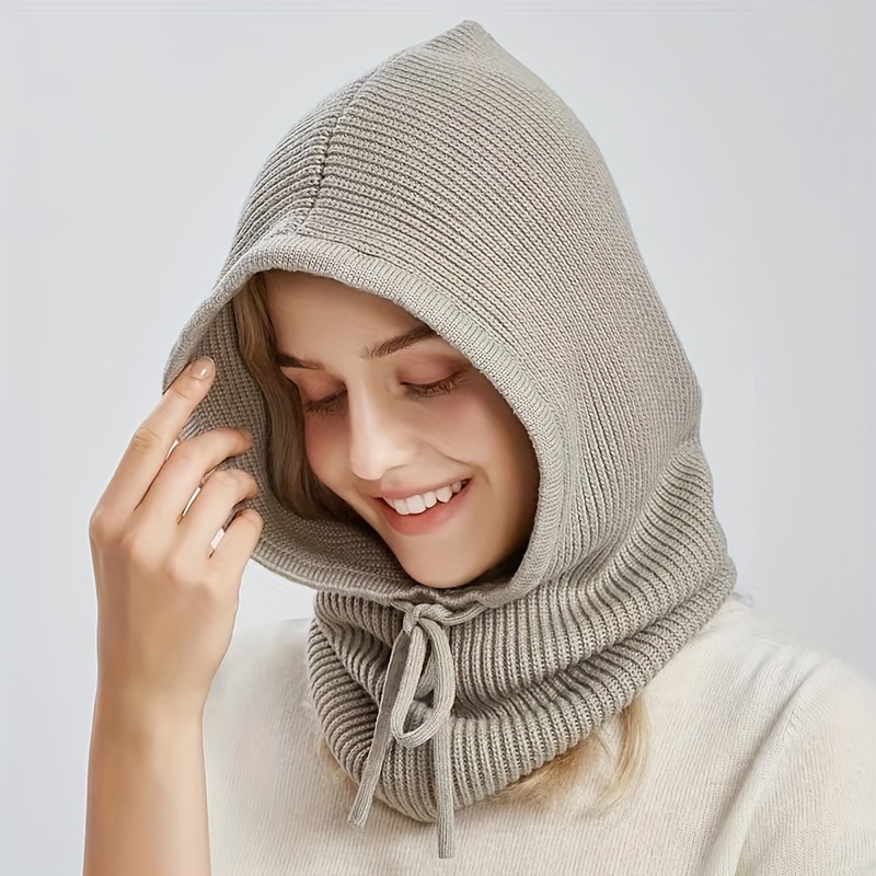 

Cozy Knit Hooded Scarf With Ear Flaps - Stretchy, Drawstring Closure, Women' Winter Hat