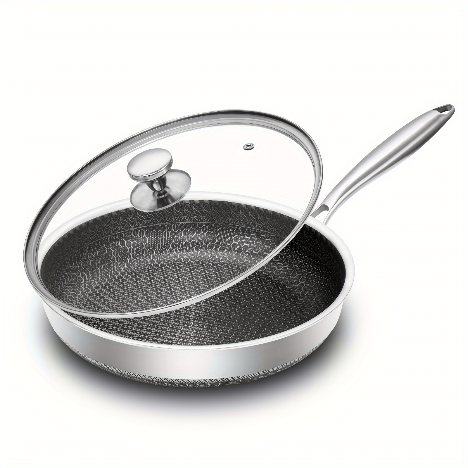 TEMU 30cm Stainless Steel 1pc, Honeycomb Frying Pan, Thickened Physical Pan, Dishwasher Safe, Scratch Resistant, For Eggs & Steaks, Smooth