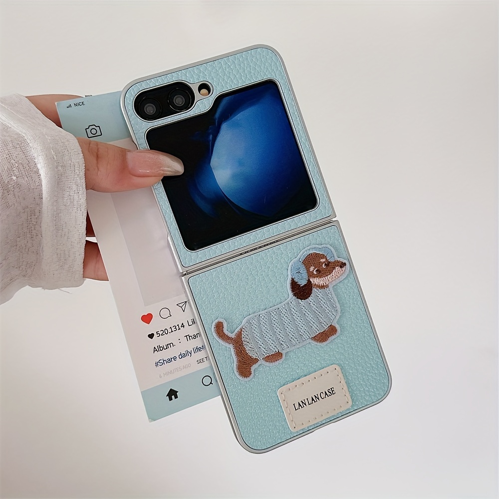 

3d Embroidery Cartoon Dog Pattern Phone Case For Zflip5 Flip 6 5 4 3 Zflip4 3 Cute Plating Bumper Back Cover