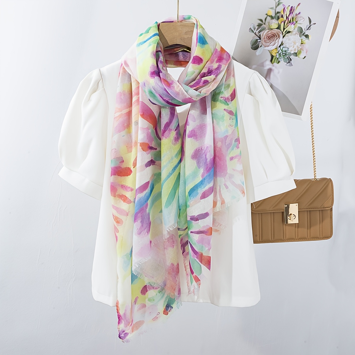 Image of 1pc Women's Floral Print Scarf - Lightweight Shawl With Pastel Gradient , Versatile Travel Accessory For Outdoor Activities & Casual , Scarf For Hair, Vibrant , Soft Fabric