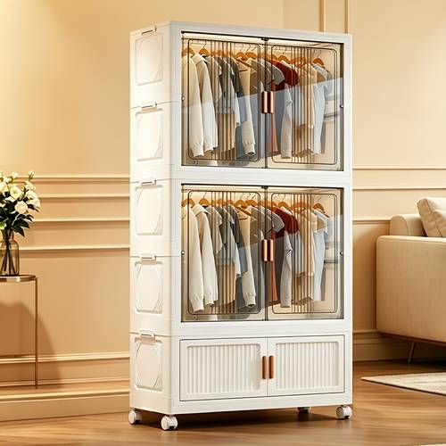 Stackable Clothes Storage Cabinet with Clear Doors, Portable Wardrobe with Hanging Rod & Wheels, Large Capacity Bedroom Closet Organizer for Shirts, Coats, Sweaters, Multi-functional Storage for , Portable Closets