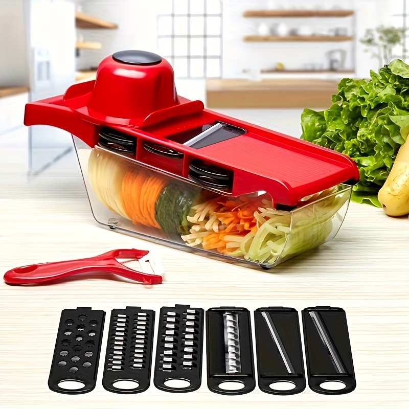 10 in 1 multifunctional vegetable slicer with   materials featuring a manual vegetable grater a vegetable slicer 6 interchangeable blades   and a peeler   kitchen food preparation Product details 1