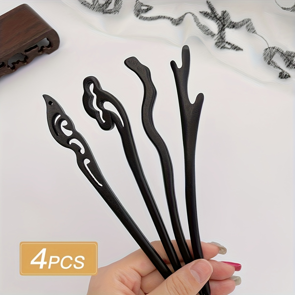 4pcs Versatile Black Wooden Hairpins, Retro Style
