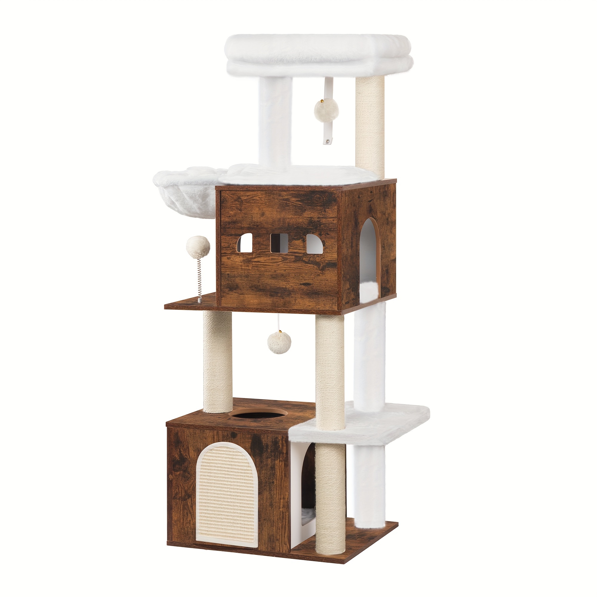 130 Cm Scratching Post, Cat Tower, Multi-storey Cat Scratching Post, 2 Cat Caves With Padded Beds, Cat House Furniture With 4 Scratching Posts, Large Platforms, Wooden Scratching Post, /light Ivory