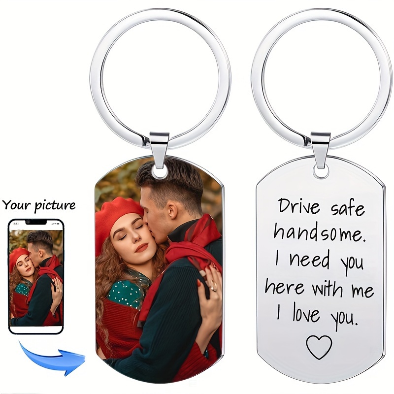 

1pc Personalized Stainless Steel Keychain With Engraved Photo & Text, Custom Pet Tag, Memorial Gift, "drive Safe Here With Me" Keyring, Birthday, Valentine's Day, Him, Boyfriend, Husband Gifts