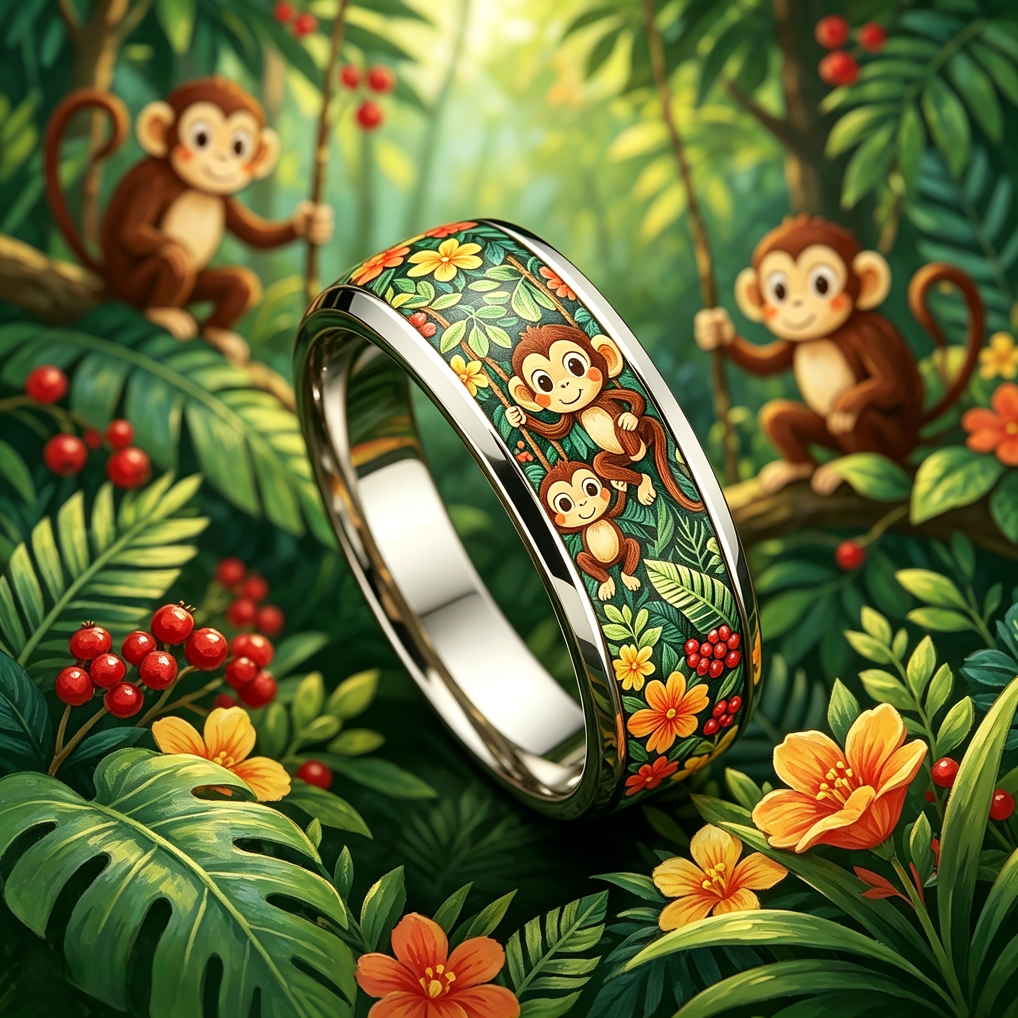 Jungle Monkey Cartoon Stainless Steel Ring, Hypoallergenic