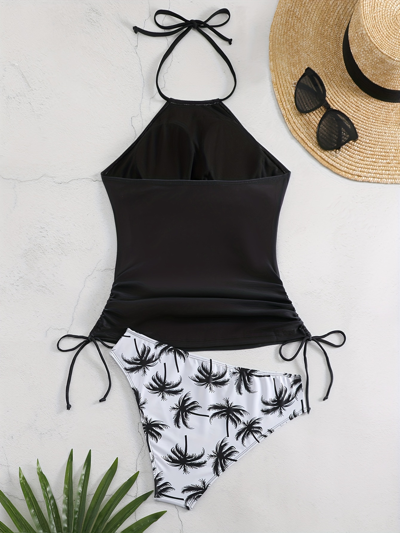Women's Bathing Suit Solid Color Drawstring Side Halter Neck Tankini Set,  Solid Black, S : : Clothing, Shoes & Accessories