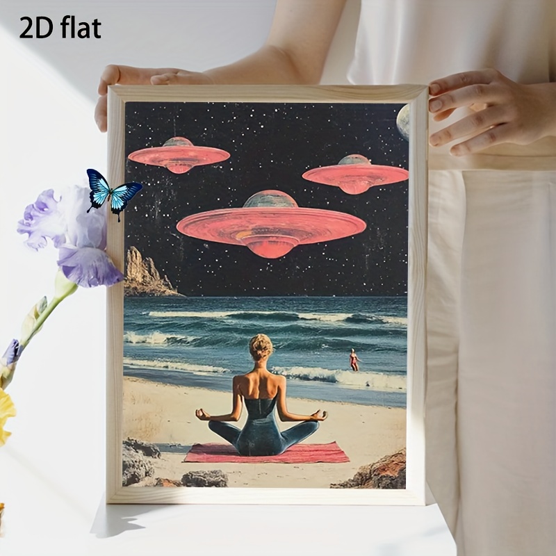 TEMU Plat 2D, 1 pièce Affiche d'art sur toile cadre - Fille faisant du yoga sur une plage avec un et étoilé. Décoration murale lumineuse , ou .