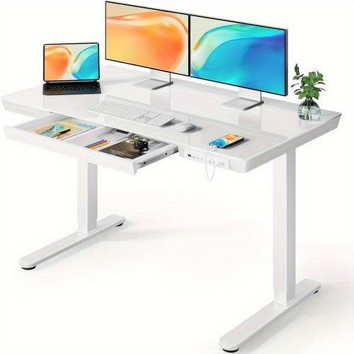glass upright desk with drawers 48 x 24 inch adjustable height electric with usb charging port suitable for home office and study use adjustable height office desk