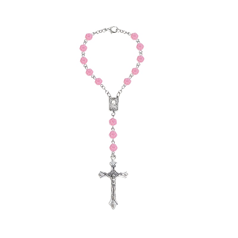 Pink Rose Beaded Pendant, An Elegant Rearview Mirror Ornament For Women, A Religious Car Interior Gift For Birthdays And , A New Year And Christmas Gift For Peace And Safety