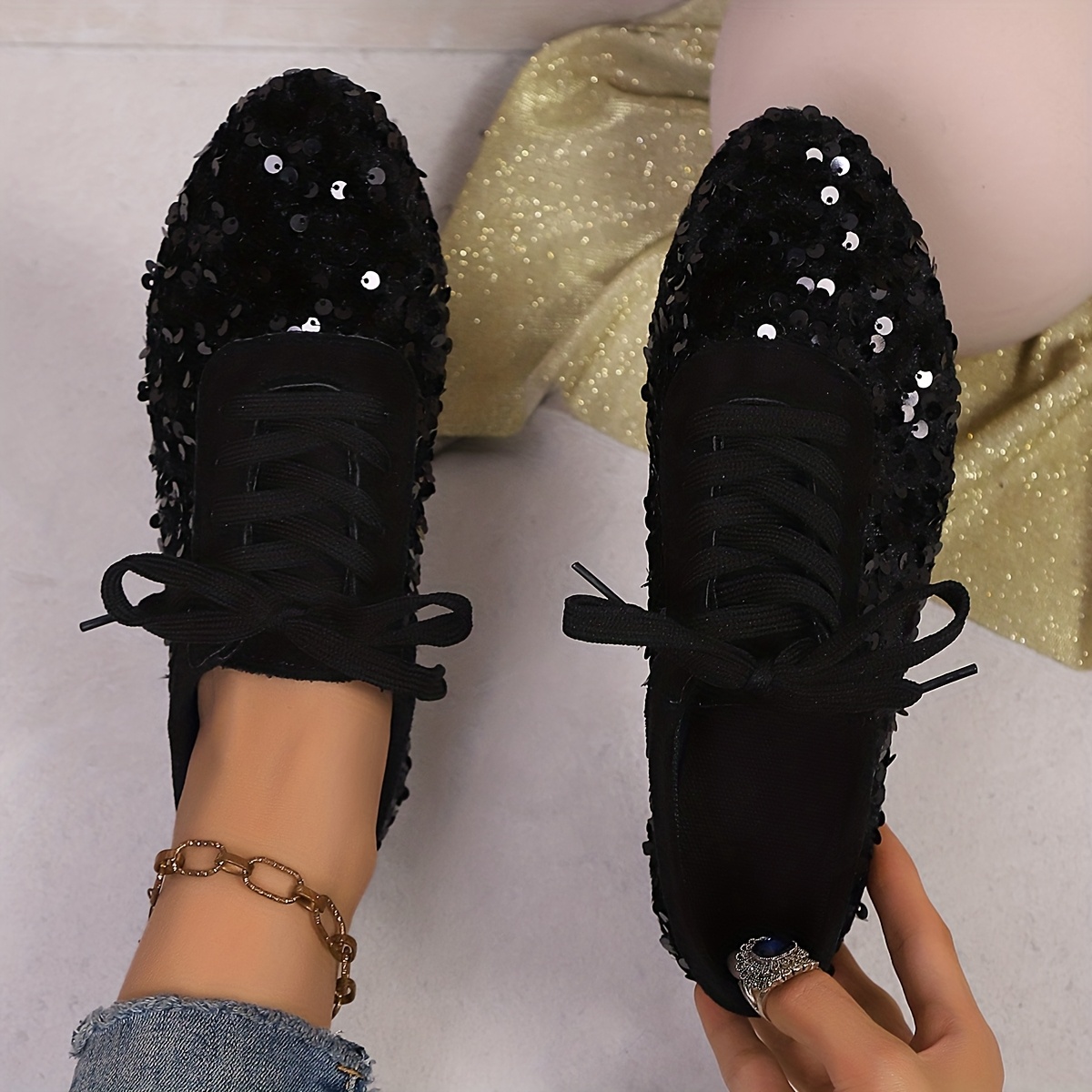 TEMU Plus Size 36-43, New Women's Fashion Versatile Vintage Lace-up Flat Casual Outing Sequin Pointed Toe Low-top Flat Shoes, Women Shoes