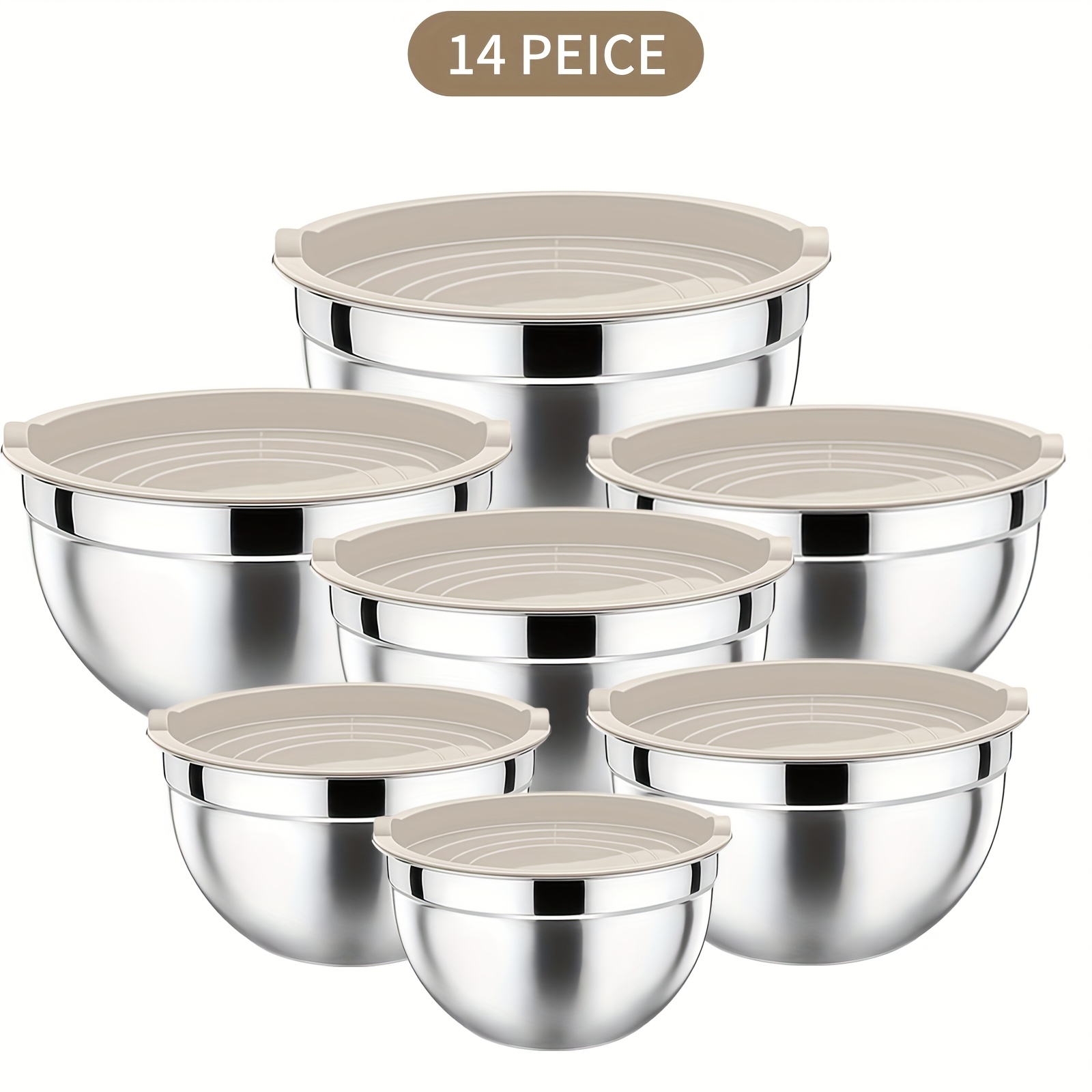 TEMU 14pcs, 7 Stainless Steel Beige Stackable Mixing Bowls With 7 Airtight Lids, 5l, 4.5l, 4l, 2.4l, 1.7l, 1.25l, 0.8l, For Baking Salad Mixing. For
