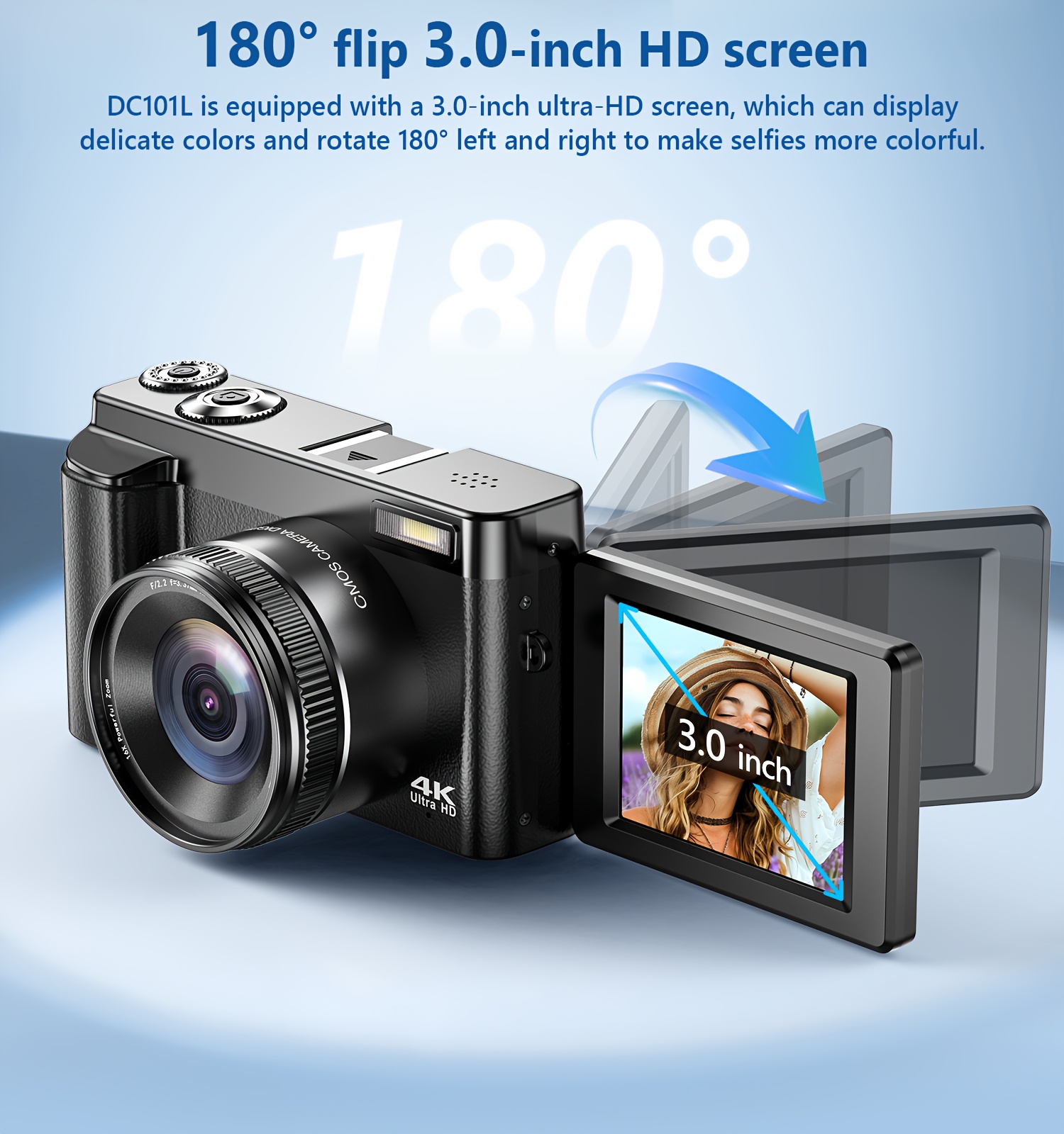 Vlogging カメラ、16X デジタル ズーム 4K デジタル カメラ、旅行用 1/4 ネジ 4Kデジタルカメラ、2.8インチIPSスクリーン付き48MPオートフォーカス