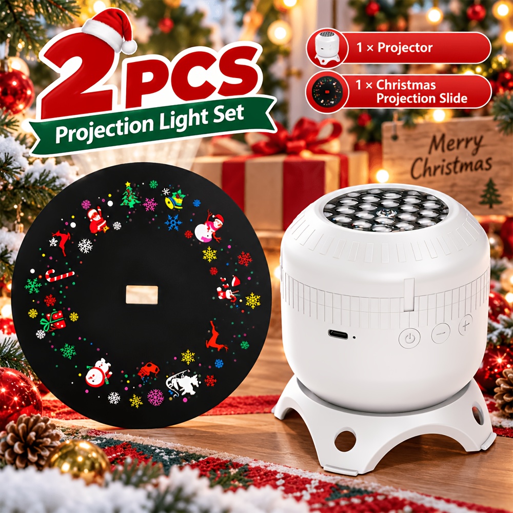 TEMU 2pcs Christmas Rotating Projector Light Set Atmosphere Projection Lamp With 1 Christmas Theme Disc Holiday Decor Night Light For Bedroom Party