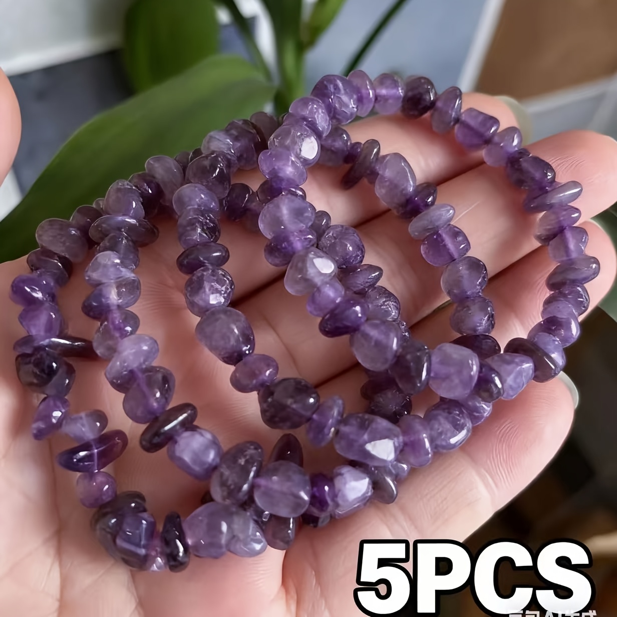 TEMU 5pcs Natural Amethyst Bracelet, Irregular Crushed Stone Elastic Jewelry, Suitable For Women, An Ideal Gift For Girlfriend Or Mother, Bohemian
