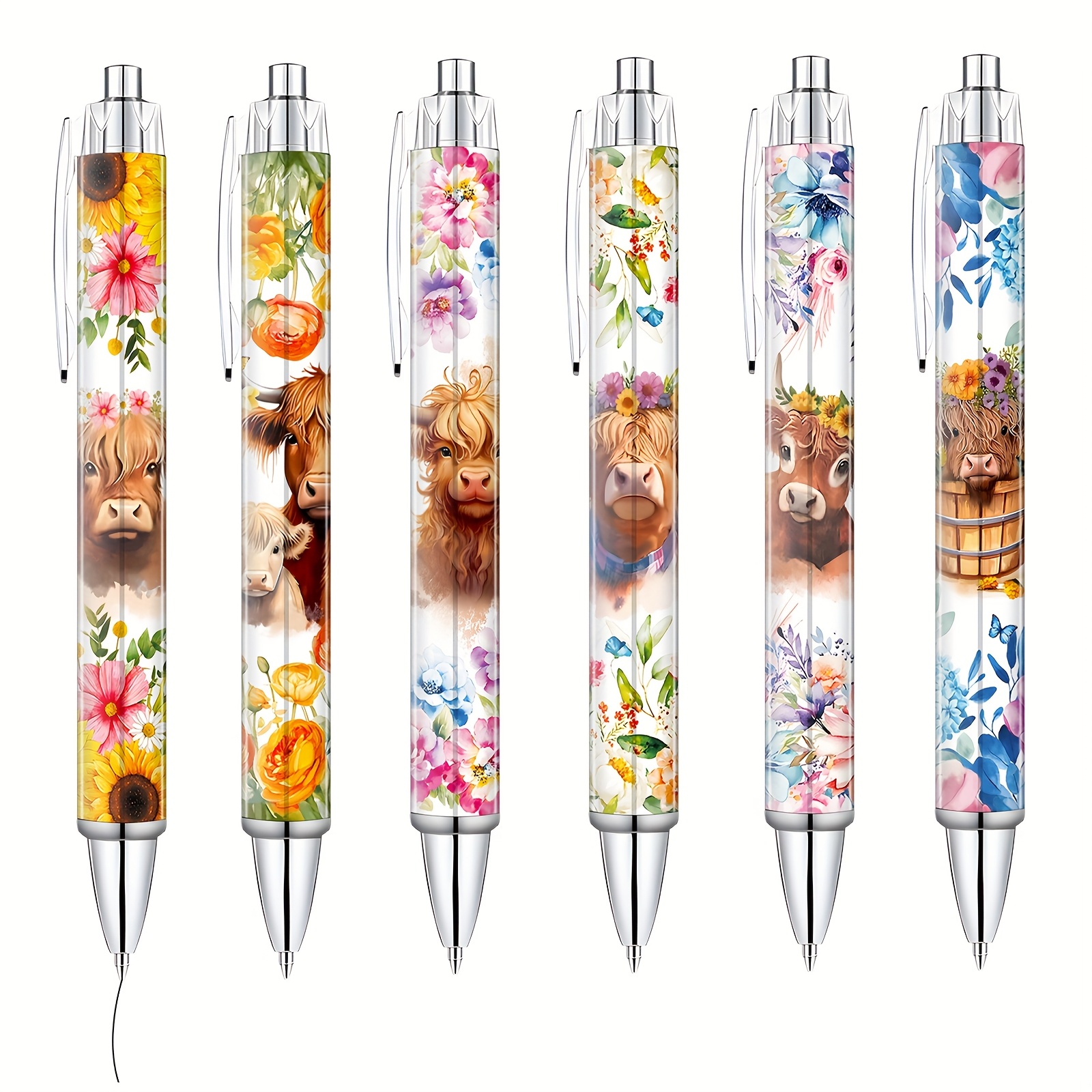 Image of 6/12/24pcs Highland Cow Ballpoint Pen Set Cow Printed Pens Cute Supplies Accessories Item Stationery School Home Office Desk Planning Decorations Theme Valentine Gifts Gifts For Her
