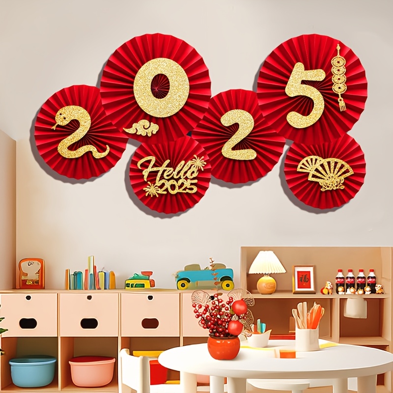 

6pcs 2025 Chinese New Year Decoration Set - Vibrant Fans With Golden Glitter Numbers & , Home & Party , Chinese Decorations