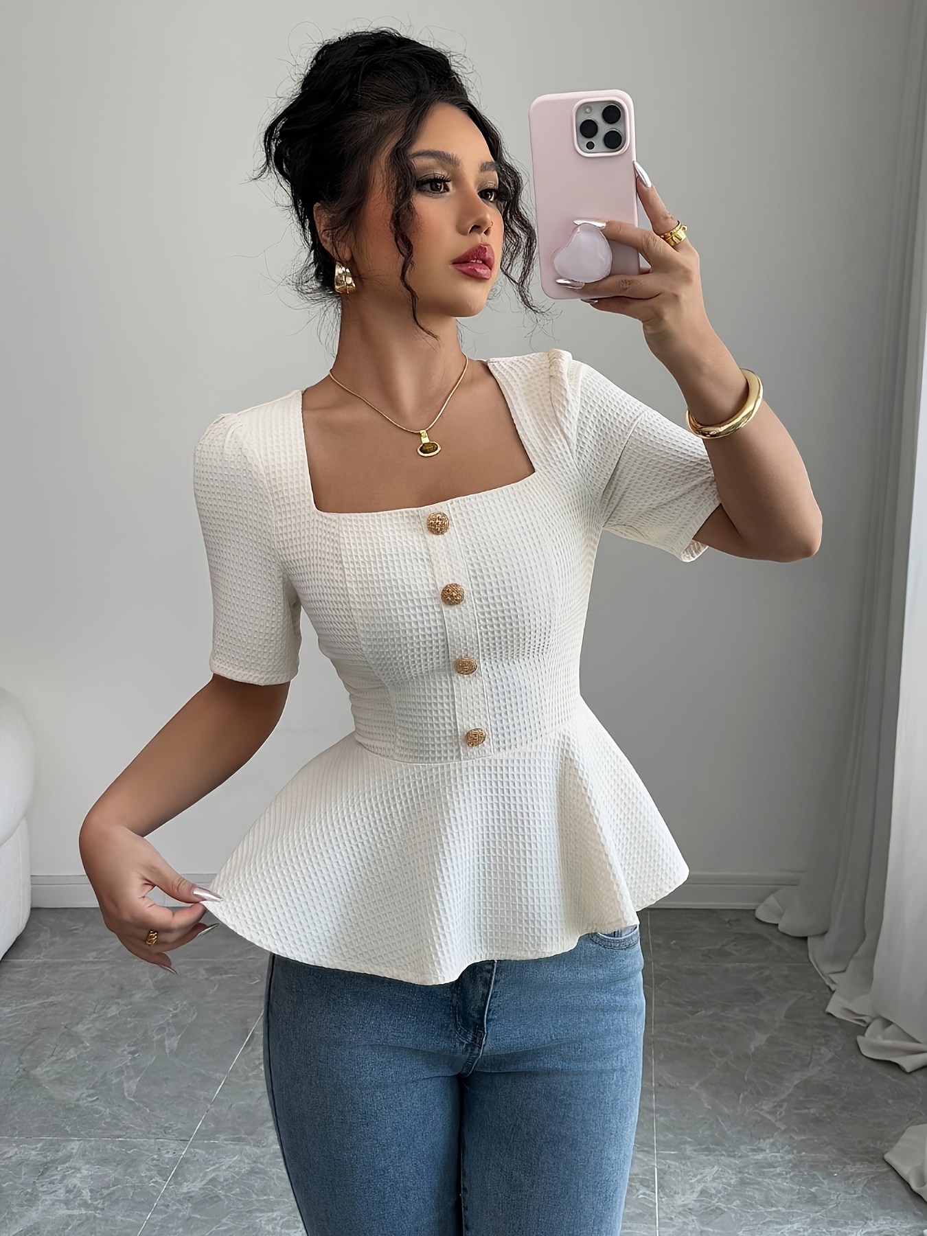 elegant white ruffle trim blouse button details short sleeve