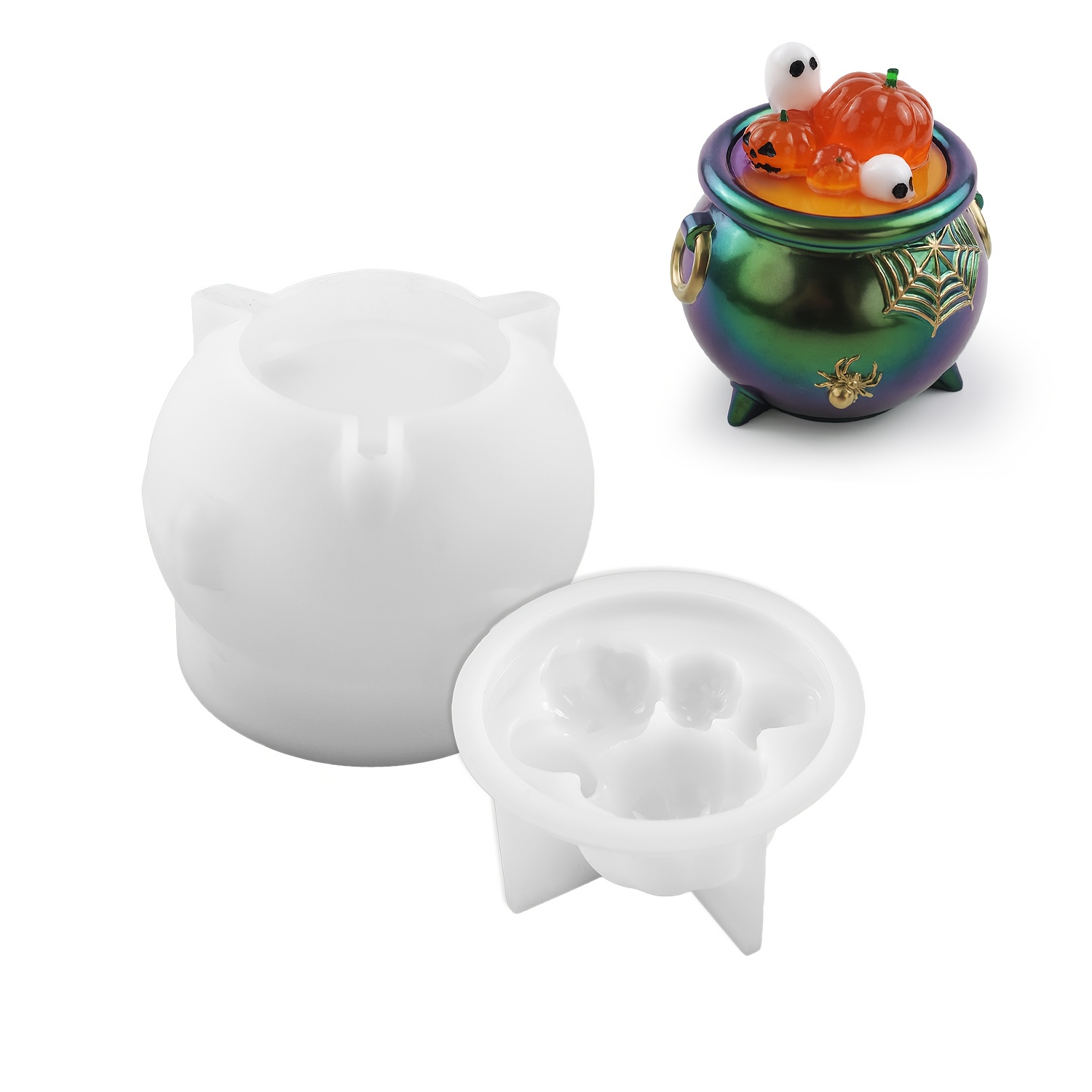TEMU Molde de Silicona de Resina para Tarros de Almacenamiento de Halloween, Tapas de Calabaza, Tapas de Calavera y Hueso, Moldes para Fundición de