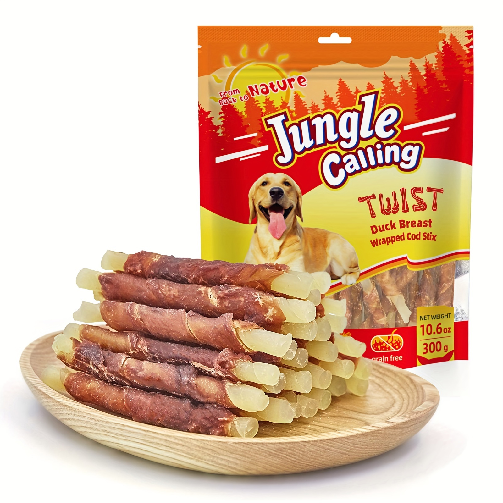 

Jungle Calling, Duck Wrapped Cod Sticks Dog Treats, Free Training Snacks For Dogs, Natural Sticks Treats, 10.6oz