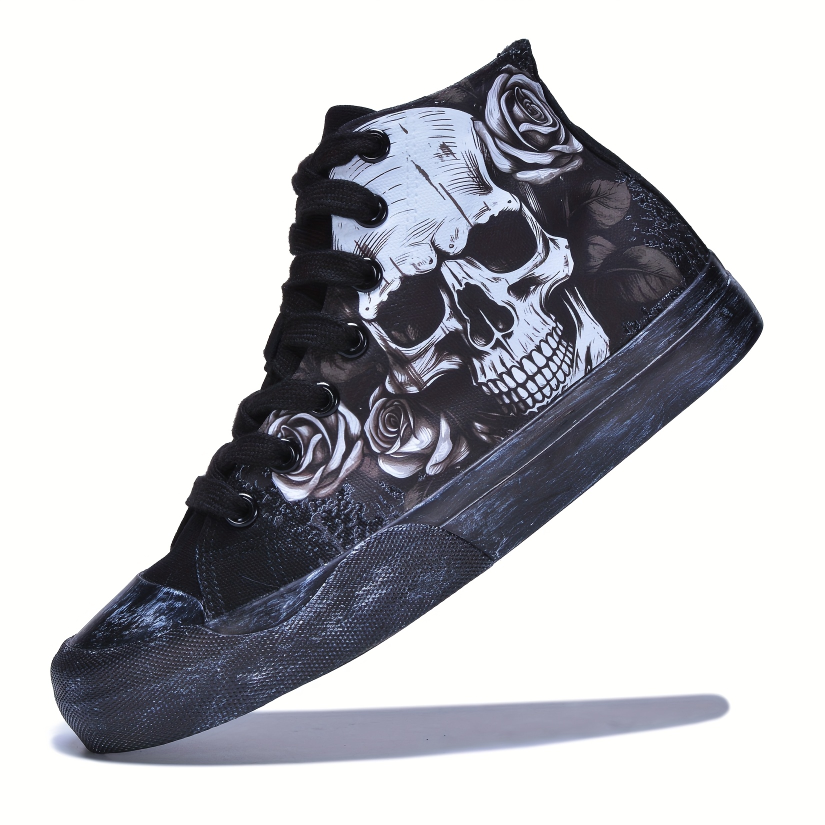 Men's & Unisex Vintage Distressed Gothic Sneakers - High-Top Lace-Up Streetwear Shoes with Skull & Rose Graffiti, Canvas Upper & Sole for - Urban Fashion, Parties, and Casual Wear
