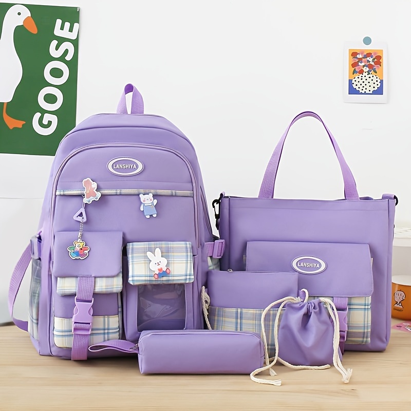 Conjunto de bolsos para mujer Canvas - Combo de 5 piezas de mochila de gran capacidad con estampado de rayas, morado, bolso de hombro y bolso de mano, estuche para lápices, bolsa con cordón, cierre de cremallera, forro de poliéster - Conjunto de mochila de viaje de moda para estudiantes y damas