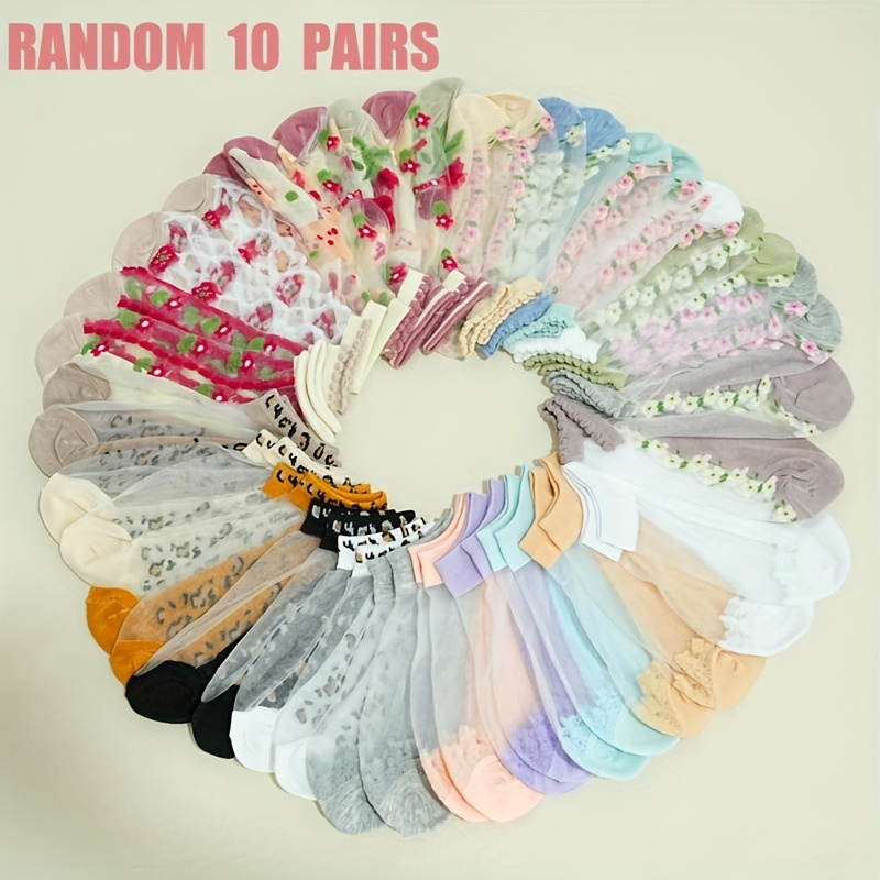 E-shop Zufällige 10 Paar Damen Dünne Glassocken Frühling Sommer Herbst Kristall Süß Stil Kurze Röhren Bootssocken Dünne Bequeme Atmungsaktive Flache