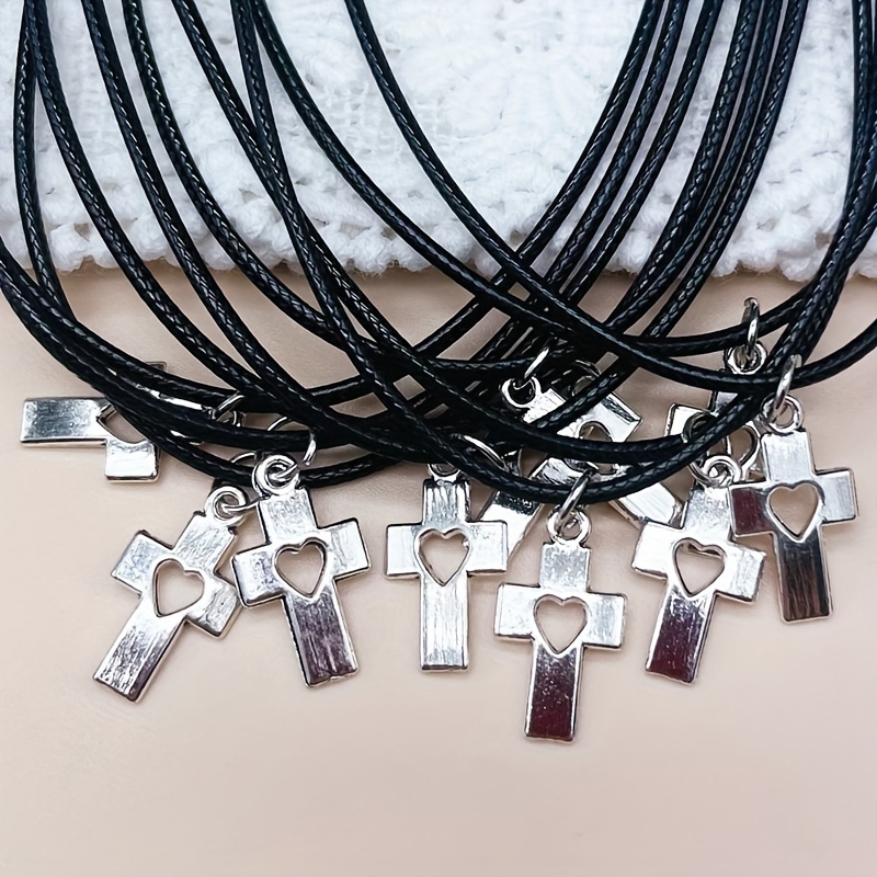 Image of Set Of 10 Charm Necklaces Featuring Love Heart And Cross Pendants On Leather Ropes, A Stylish Gift For Men And Women