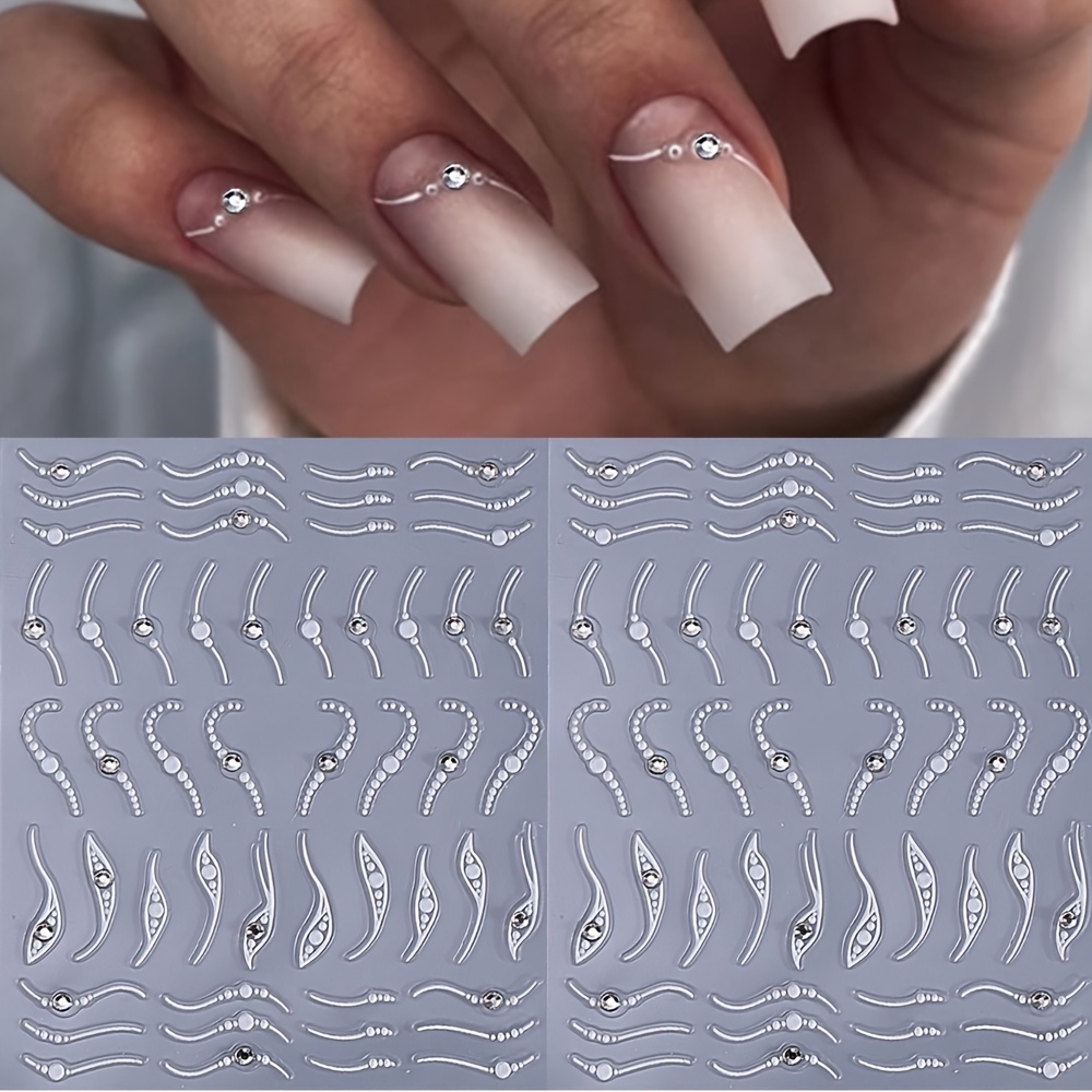 

1pc Elegant 3d Nail Stickers With Crystal Rhinestones - Self-adhesive, Matte , Curved Stripes & Swirl Patterns For Sophisticated Nail Art, Nail Art Stickers