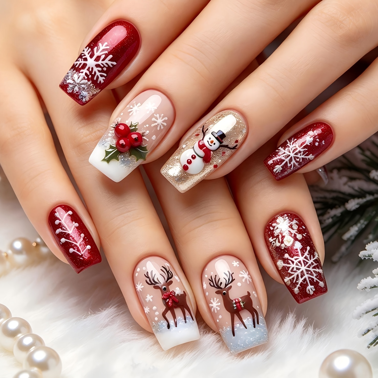 TEMU 24pcs, Christmas Reindeer And Snowman, Long Ballet-shaped Press-on False Nails, Y2k Nails, Gothic Nail Art, Nail Set, Women's Nails, Cute Nails
