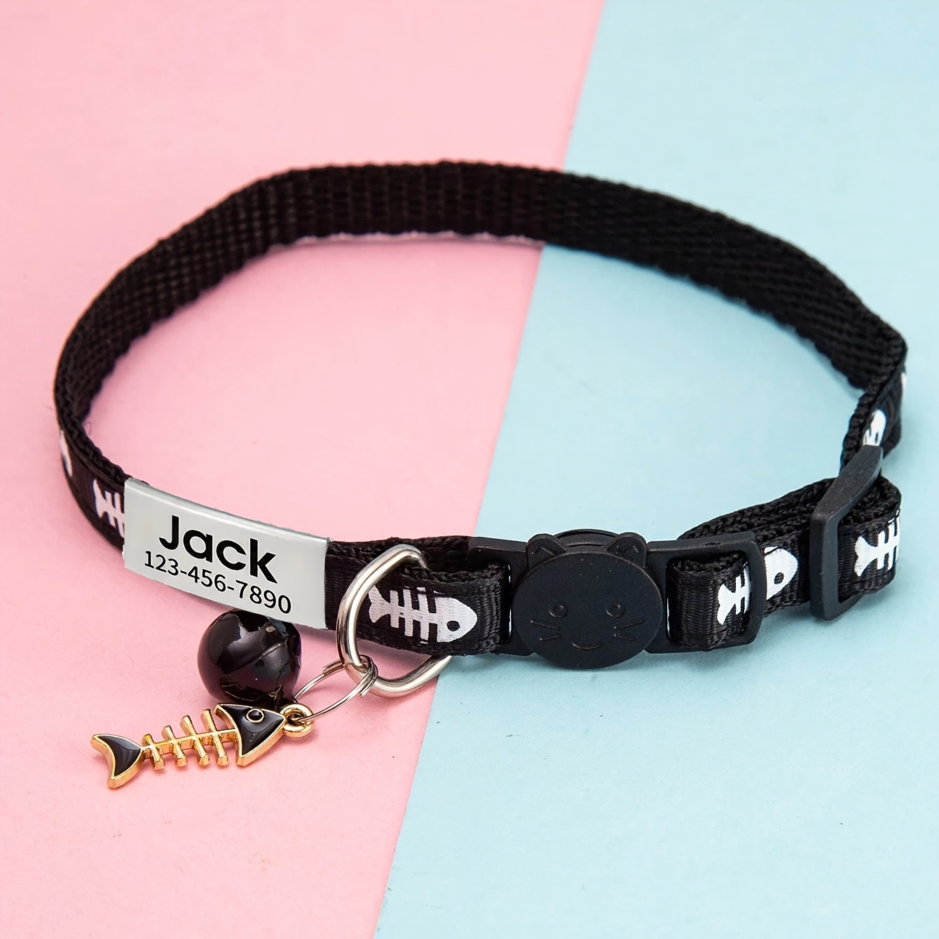 TEMU [customizable Cat Collar] Personalized Cat Collar-cartoon Cat Pattern Pet Collar - Adjustable For A , Bell And Adorable Fish Pendant For Added