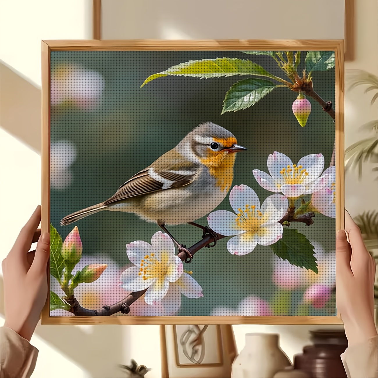 DIY Cross Stitch Print Kit, Bird Perched on Flower Branch