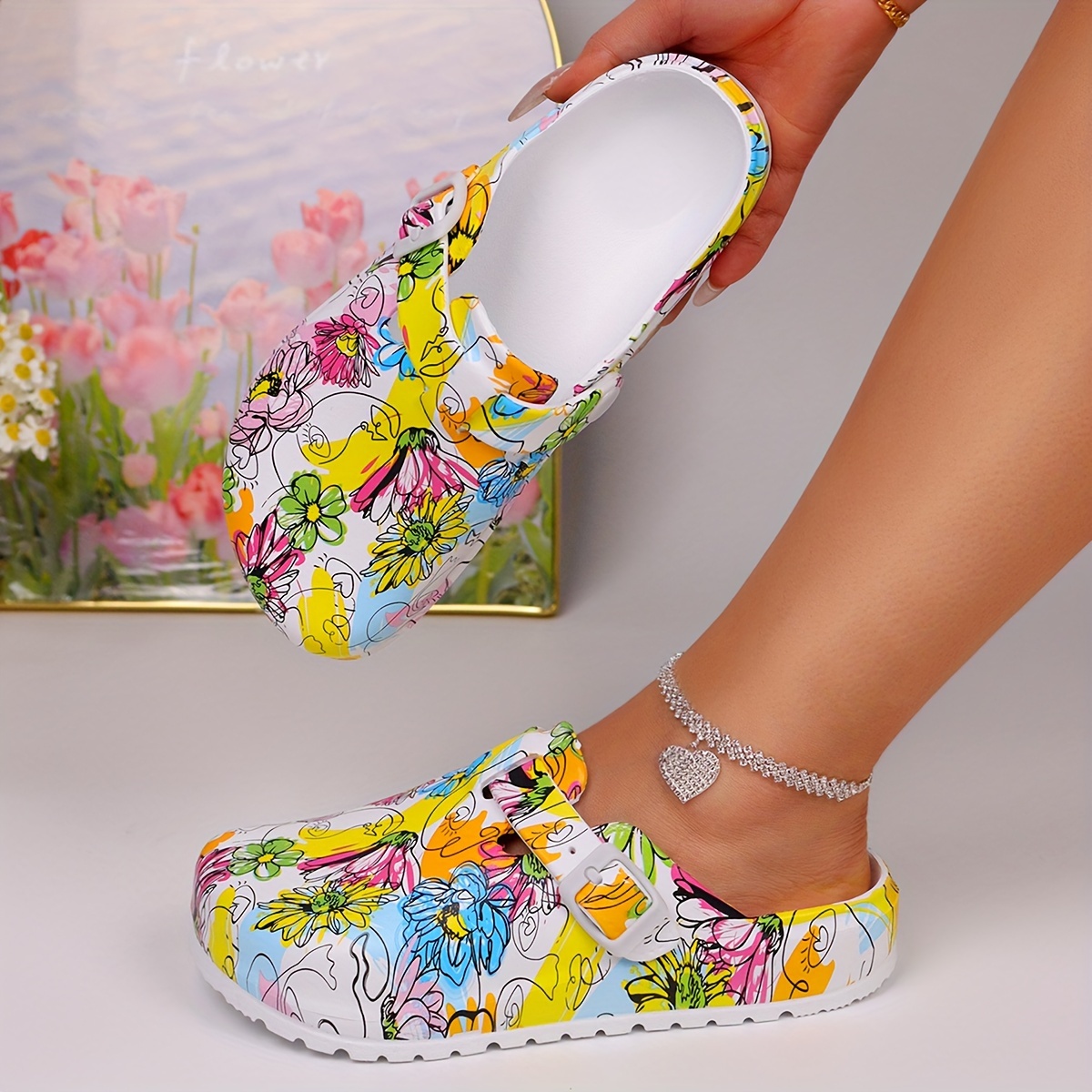

Women's Stylish Summer Tie-dye Clogs With Floral Designs & Comfortable Platform Sole, Eva Lightweight Slip-on Easy Garden & Beach Shoes
