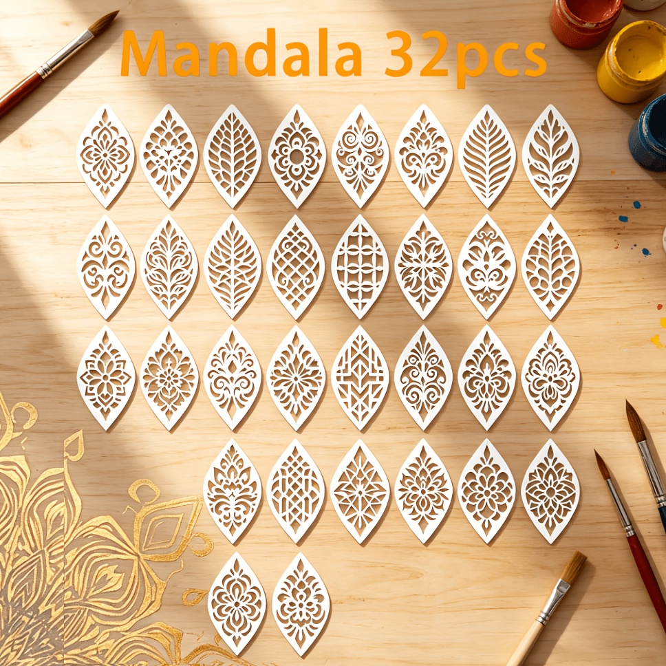 TEMU 32pcs Reusable Rotatable Leaf-shaped Mandala Stencils With Templates Suitable For Painting On Wood, Rocks, Canvas, Fabric, Glass, Pottery -