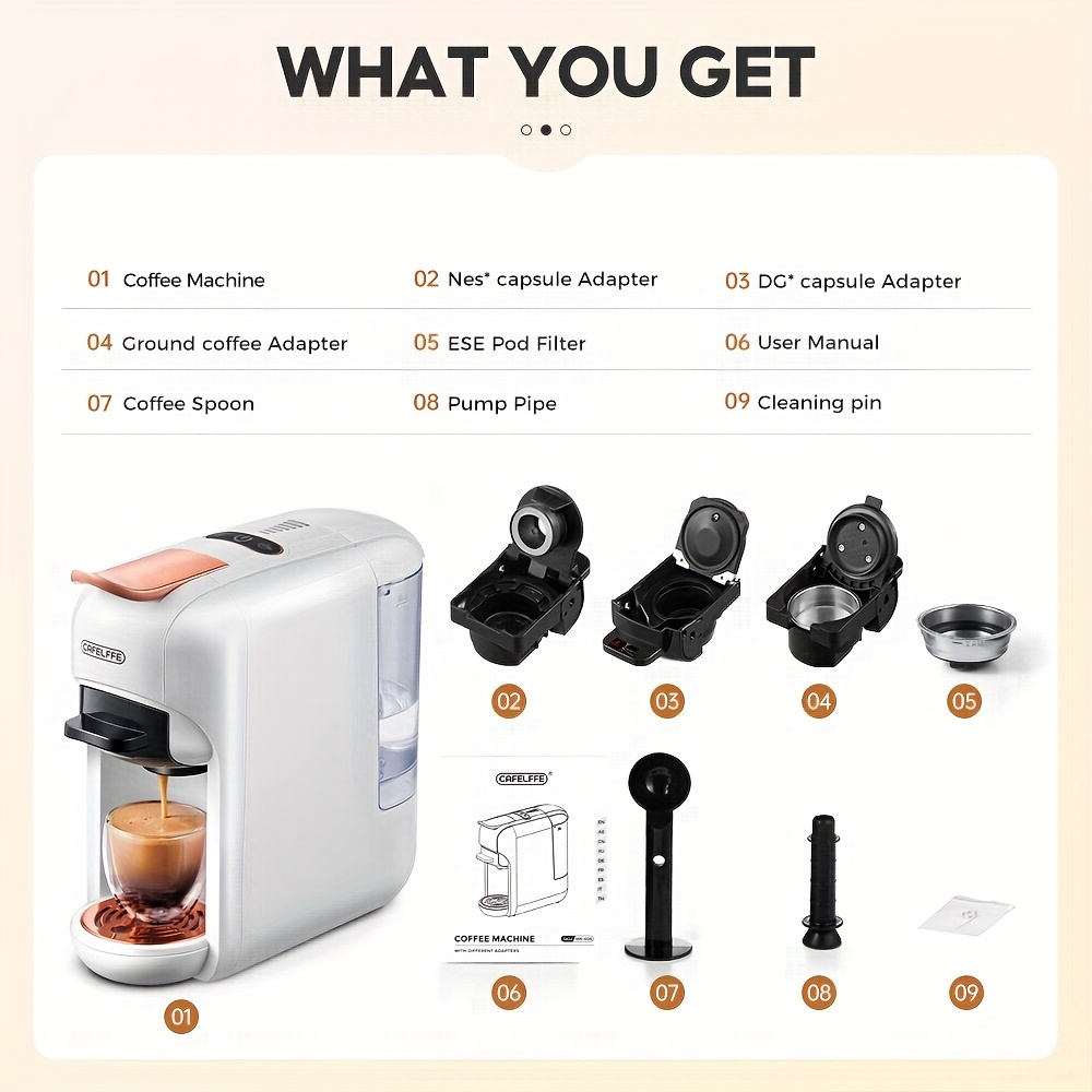 MK606 Cafelffe 5‑in‑1 Kapsel-Kaffeemaschine, 19 Bar Espresso Maker, kompatibel mit Nescafé, DG, K‑Cup & Kaffeepulver