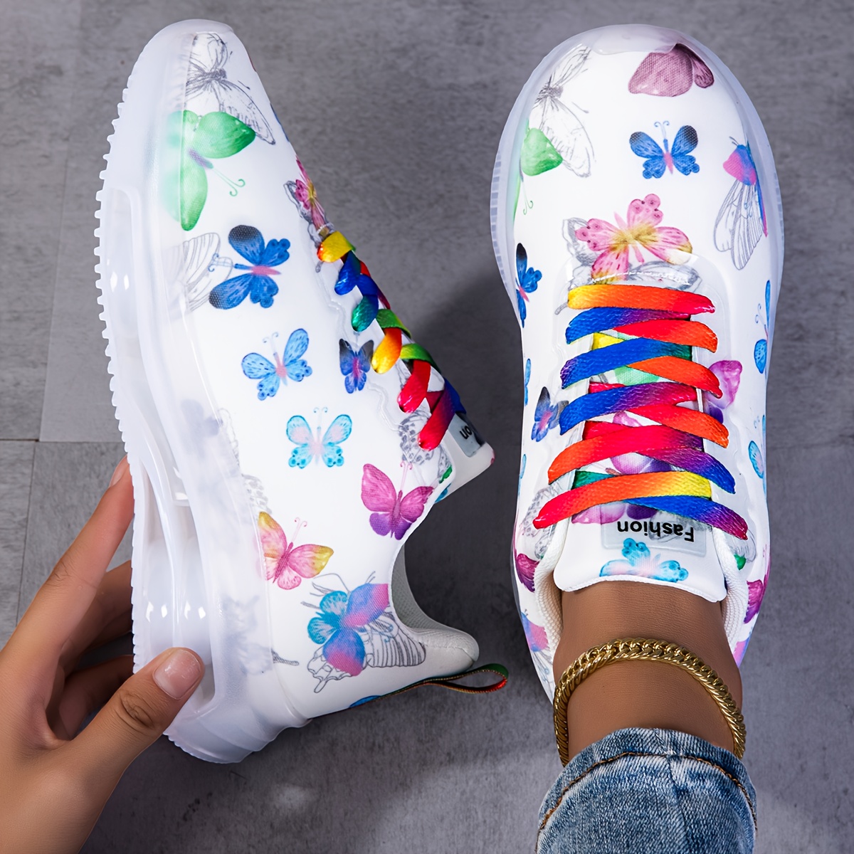 Sneakers, Butterfly Print Women's Shoes, Autumn/Winter Four-Season Style, Mesh Breathable Road Running Shoes, Lightweight Soft-Sole Women's Air Cushion Casual Shoes, Daily Wear Plus Size Casual Shoes