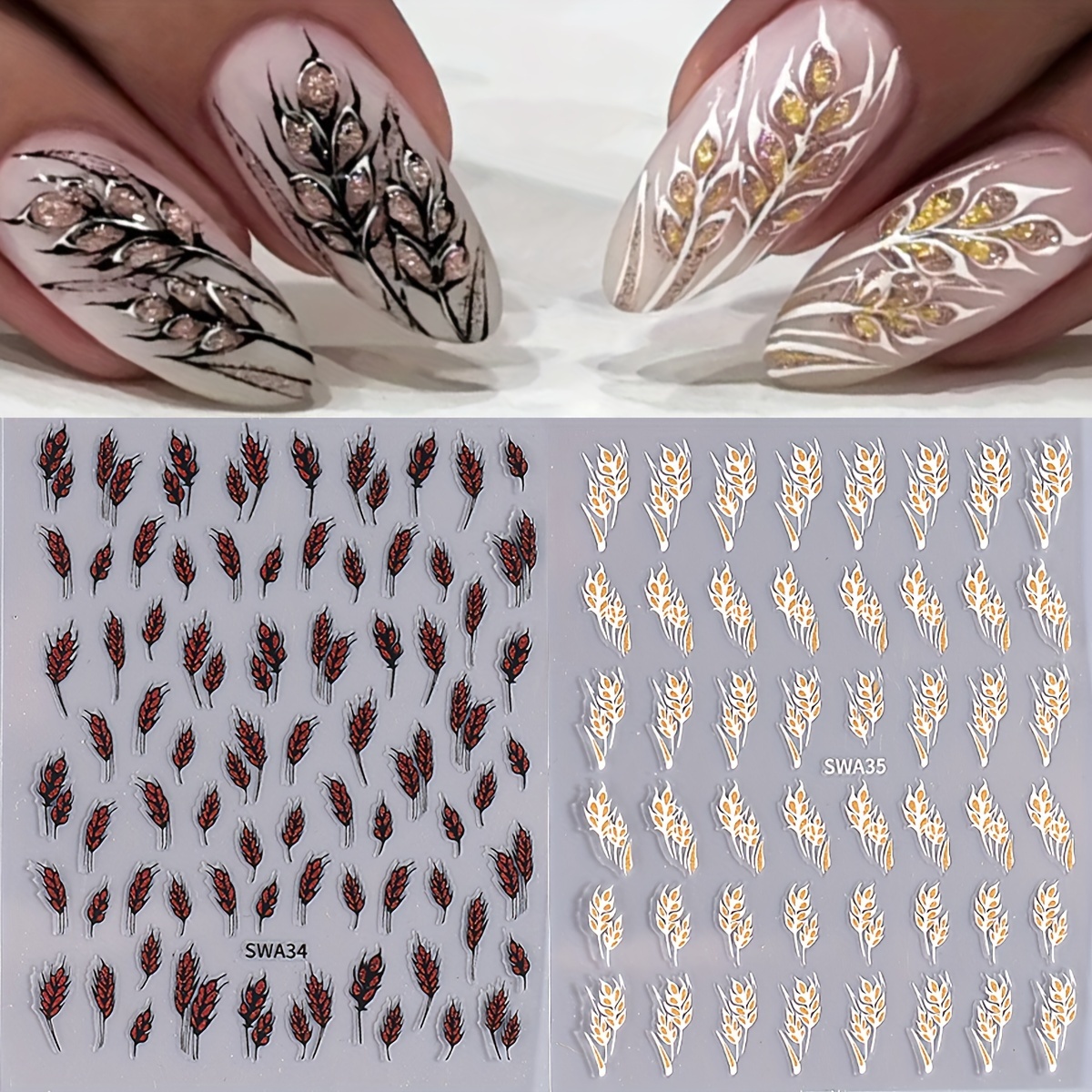 

2pcs Sparkling Wheat Nail Art Stickers - 3d Yellow & Red Ear Of Wheat Designs, Self-adhesive Decals For Diy Manicure, Shiny Finish, No Scent Floral Nail Stickers Nail Stickers For Nail Art Flowers