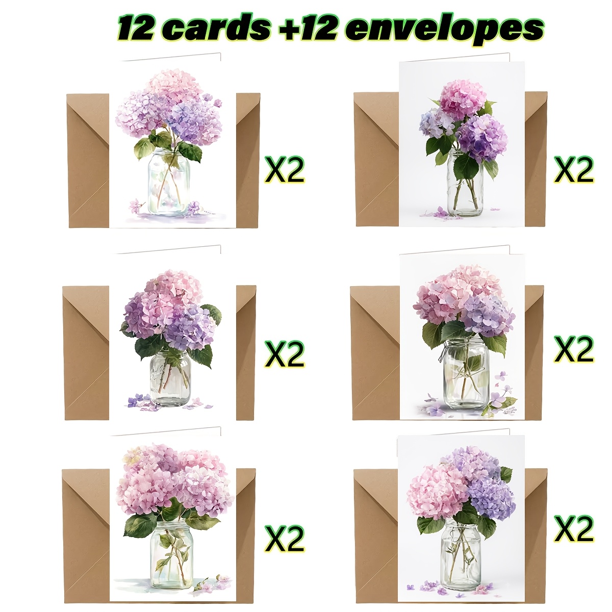 TEMU 12pcs Greeting Card Set, With Envelopes, Hydrangea Illustration Theme Hydrangea Thank You Cards | Blank Inside | Suitable For Holidays, Parties,