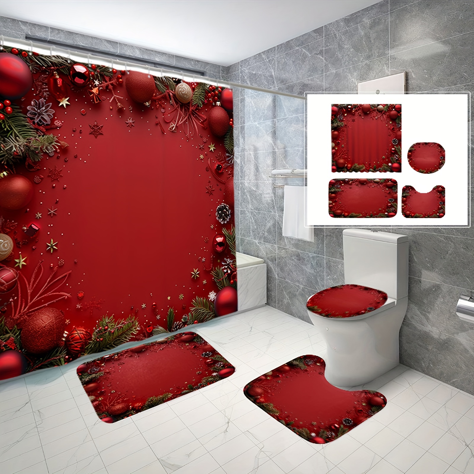 

1/3/4pcs Christmas Poster Christmas Decoration, Pattern Waterproof Polyester Fabric, Shower Curtains For Walk-in Showers, With 12 Hooks, Bathroom Non-slip Floor Mat, Toilet Seat Cover And U-shaped Mat