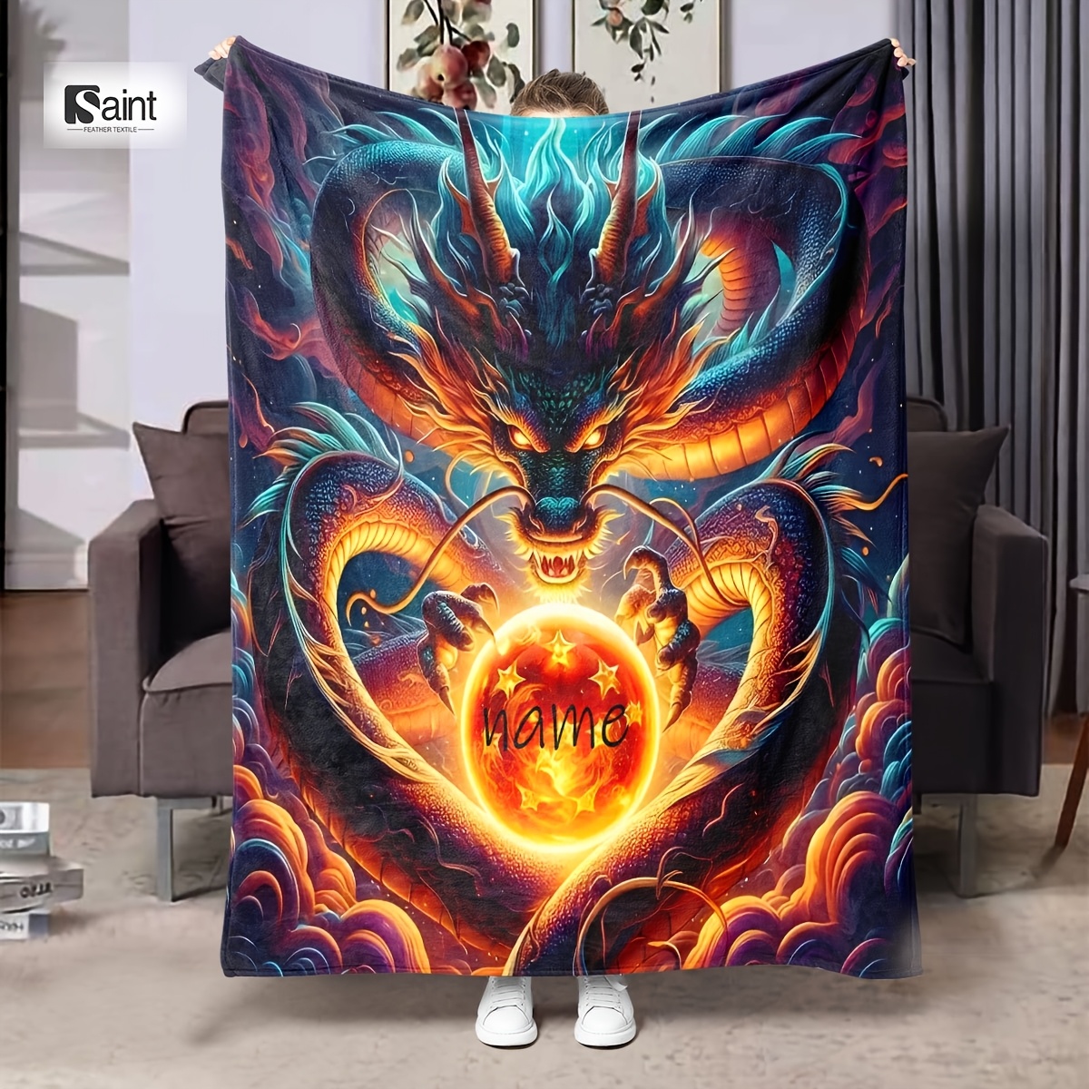 

1pc Custom Name Dragon Flannel Fleece Blanket - Mid-century Style, , Stain Resistant, Reversible, All , Polyester Knit Fabric Bedding, 200-250gsm