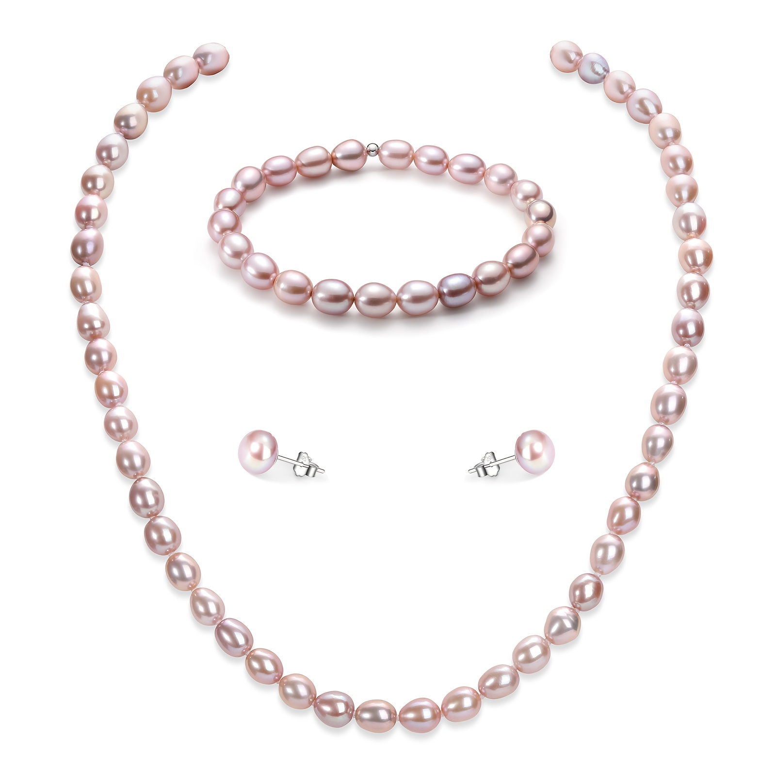 Image of Pearl Jewelry Set For Women-necklace, Earrings, Bracelet With Rice-shaped Pearls (white, Purple), S925 Sterling Silver Clasp, Elegant Gift Box